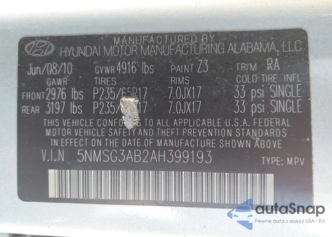 2010 Hyundai Santa Fe Gls из США, поврежденный, VIN 5NMSG3AB2AH399193